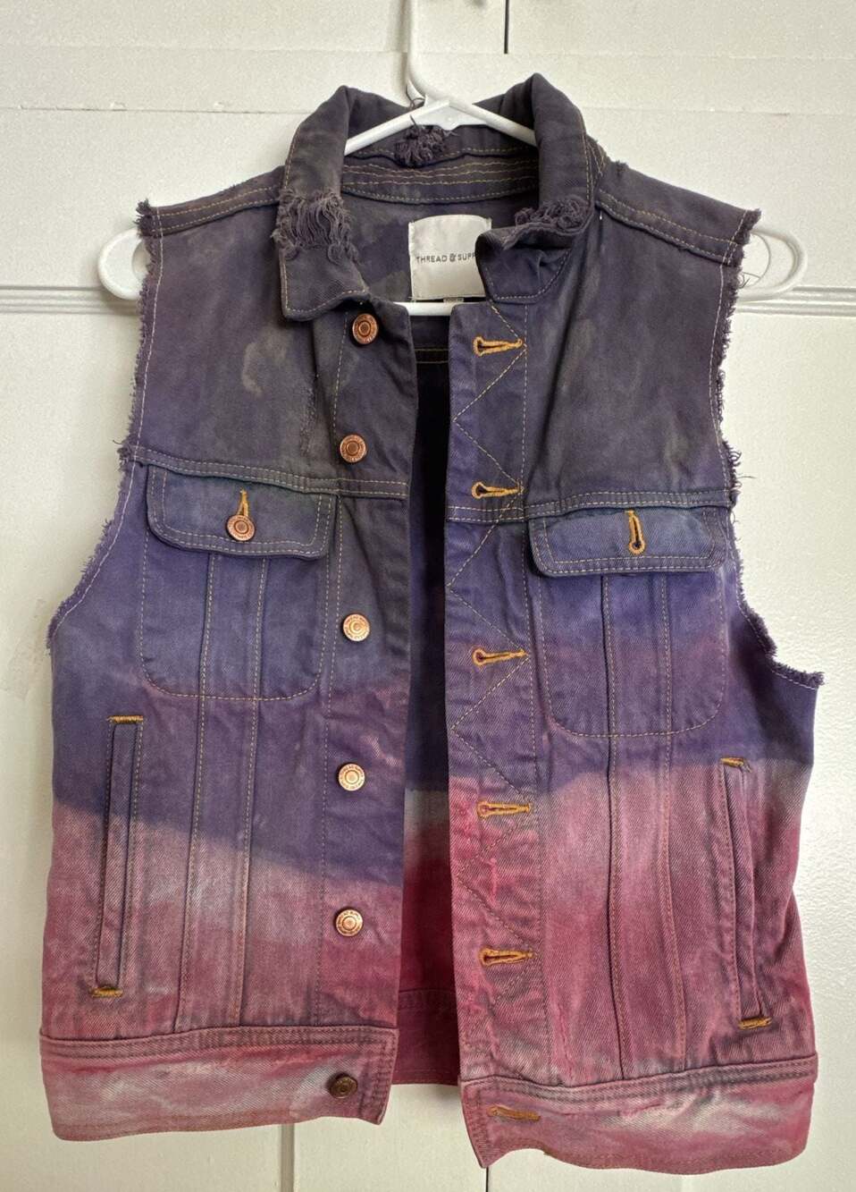 Thread & Supply Tie-Dye Distressed Denim Vest Size S indie sleaze
